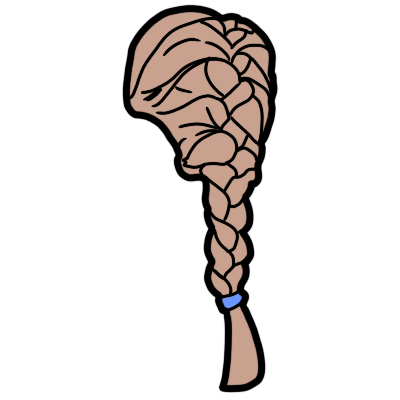 A back view of a medium-length french braid or plait, tied with a light blue hair tie at the base. the hair is blonde.